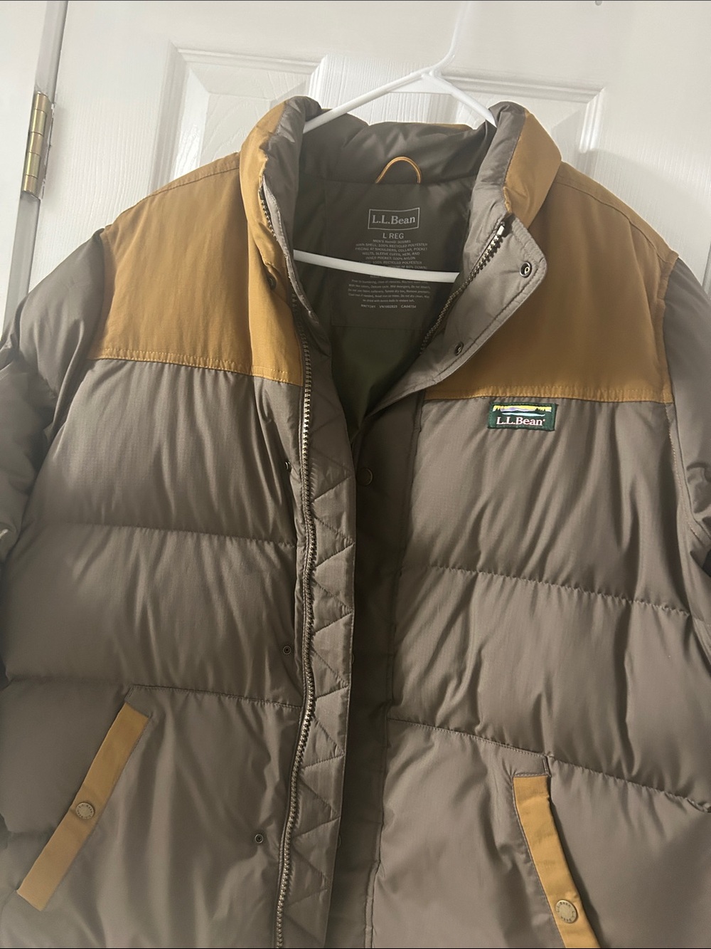 L.L. Bean Two-Tone Men's Puffer Jacket in Taupe and Mustard
